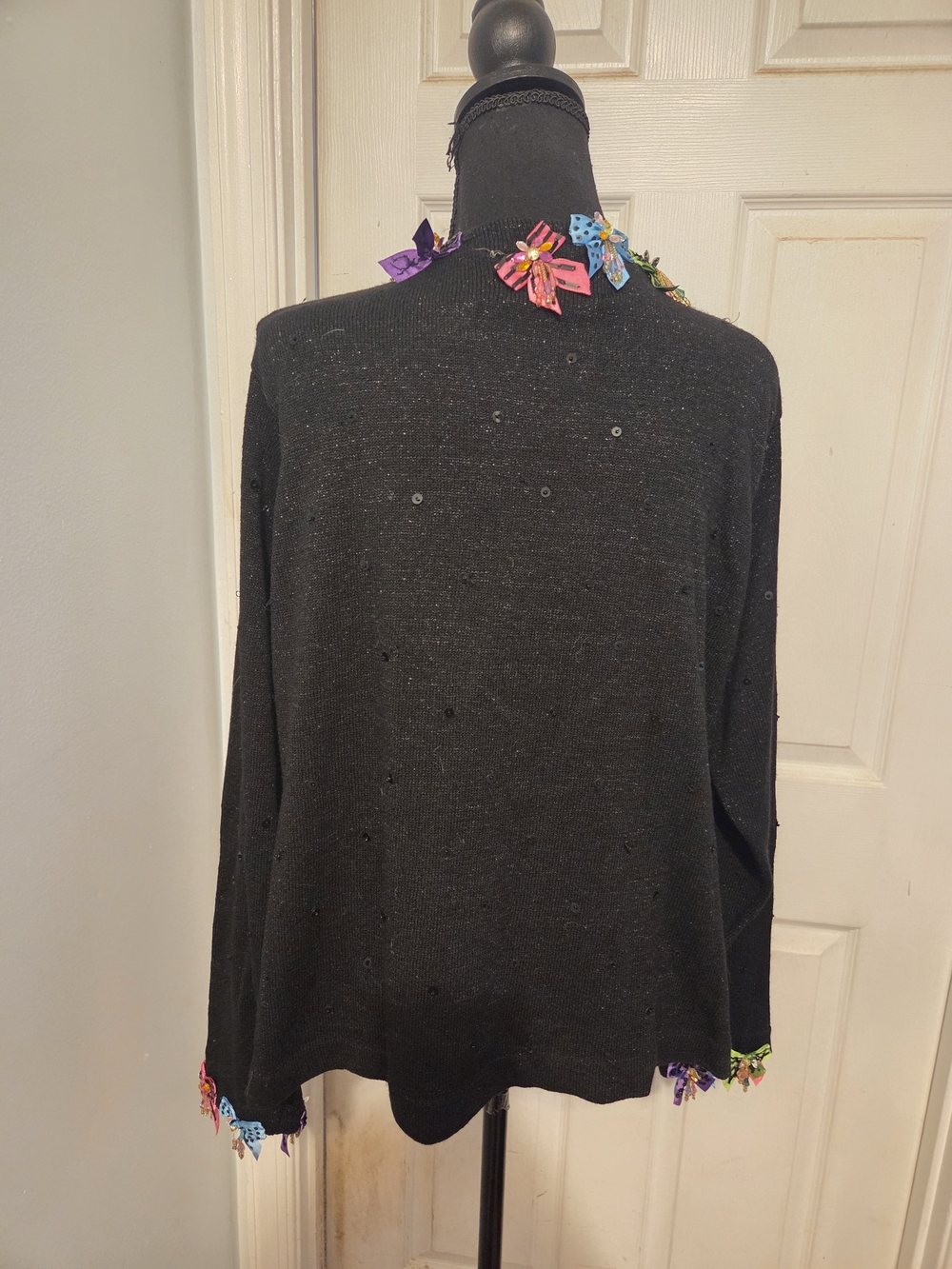 Black Crew Neck Sweater with Colorful Bow Accents - Picture 5 of 6